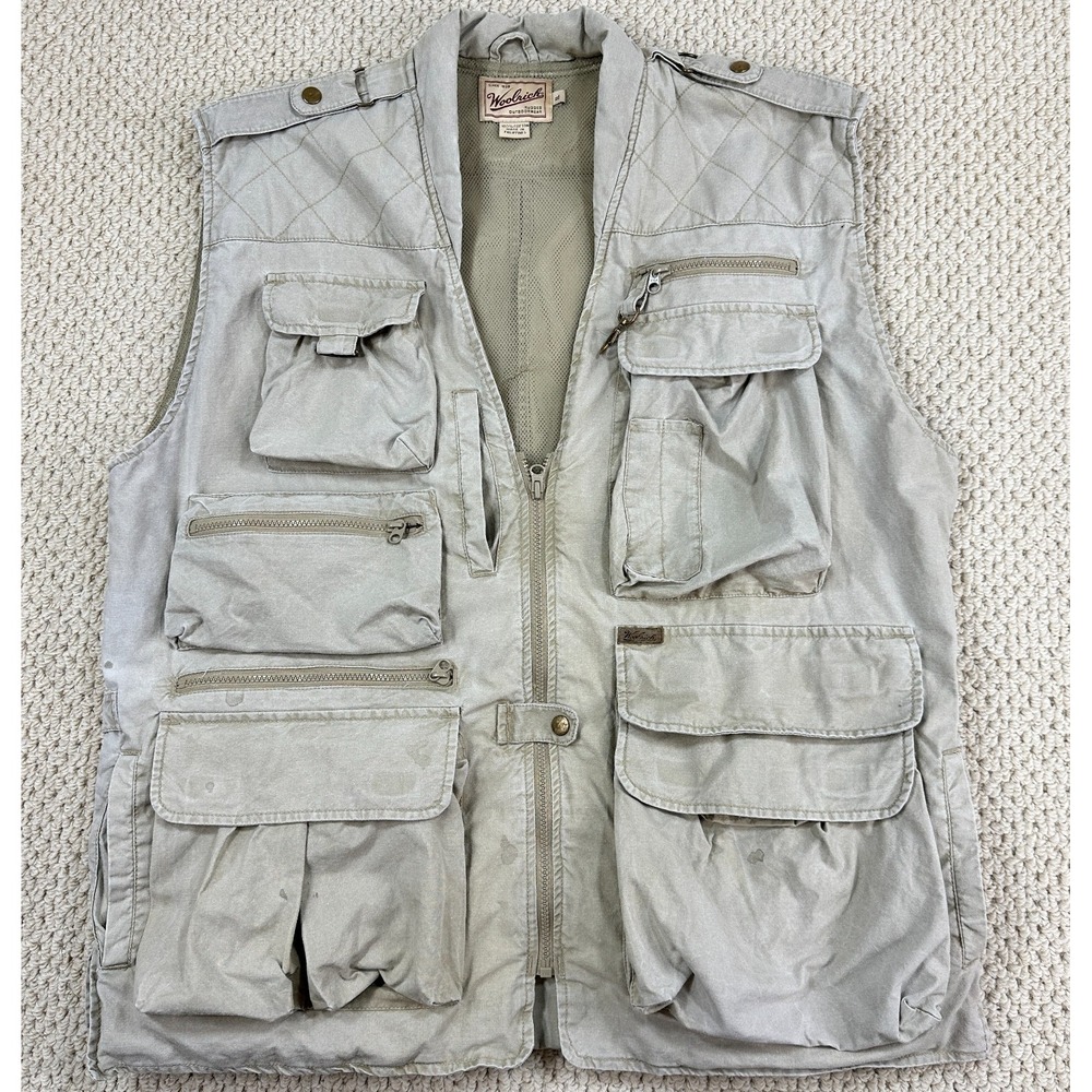 Woolrich Vest Mens XL Khaki Safari Hunting Tactical Utility Full Zip Distressed